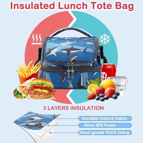 FlowFly Kids Double Decker Cooler Insulated Lunch Bag Large Tote for Boys, Girls, Men, Women, With Adjustable Strap, Shark