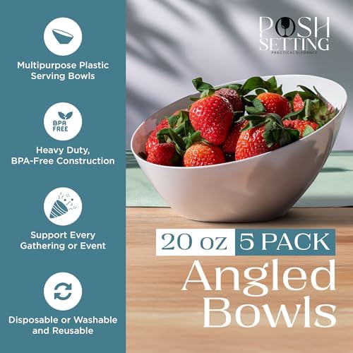 5 Pack White Angled Plastic Serving Bowl Disposable for Party Table 20oz