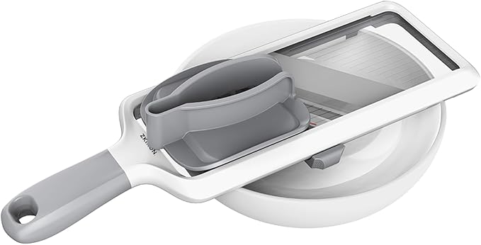 Handheld Mandoline Slicer for Kitchen - Adjustable 3-Thickness Vegetable Slicer (1mm-3mm) with Food Holder - Safe Potato Slicer & Cucumber Cutter for Salad, Easy to Clean (Gray)