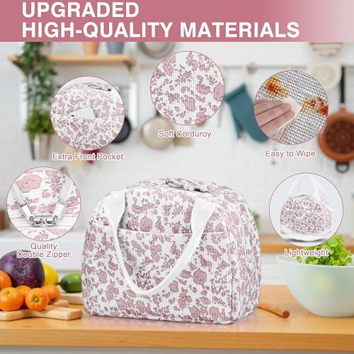 TESAFNG Lunch Bag - Insulated Lunch Box for Women, Reusable Large Capacity Cooler Bag for Adult, Small Leakproof Cute Corduroy Lunch Tote for Work Office Travel Picnic (Corduroy Pink-Flower)