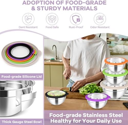 TeamFar Mixing Bowls Set, Stainless Steel Salad Bowl with Lids, Colorful