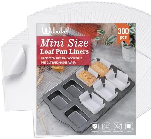 Webake 300pcs Unbleached Parchment Paper Mini Loaf Pan Liners Compatible with Wilton Mini Loaf Pan, Original Precut, Non Toxic Baking Papers for Banana Breads