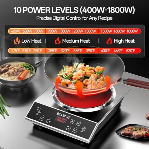BOOROS 1800W Induction Wok Cooker, Concave Burner with 13.8" Wok