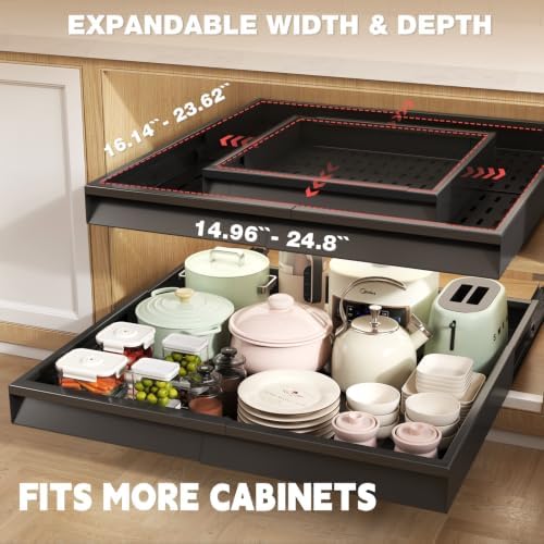 Seinloes Pull Out Cabinet Organizer, 4-Side Expandable to Fit Most Cabinets, 3 Rail Slide Out Drawers with Raising Pad for Framed & Frameless Cabinets, 15"-25" W x 17"-24" D, Black, 4 Pack