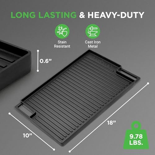 NutriChef Cast Iron Reversible Griddle 18x10 Inch – Pre-Seasoned Flat Top & Ridged Grill Side, Stove Top Griddle for Gas Grill, Outdoor & Indoor Cooking