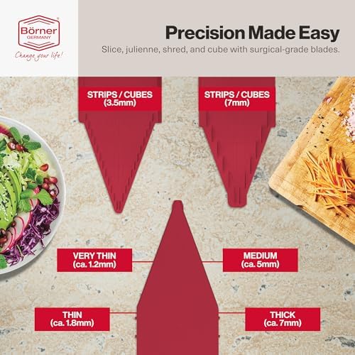 Swissmar Börner VPower V-Slicer Mandoline – Professional Kitchen Tool with Adjustable Thickness – Precision Food Slicer for Vegetables, Julienne & Shredding – Includes Safety Holder & Inserts - Red