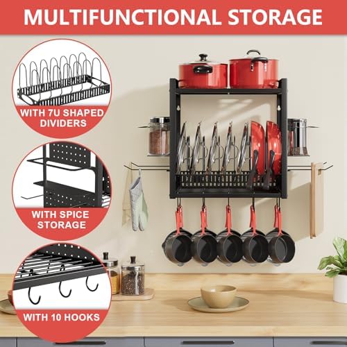 Wall Mounted 16" Pot Rack，2 Tier Kitchen Pots & Pan Organizer with 10 Hooks