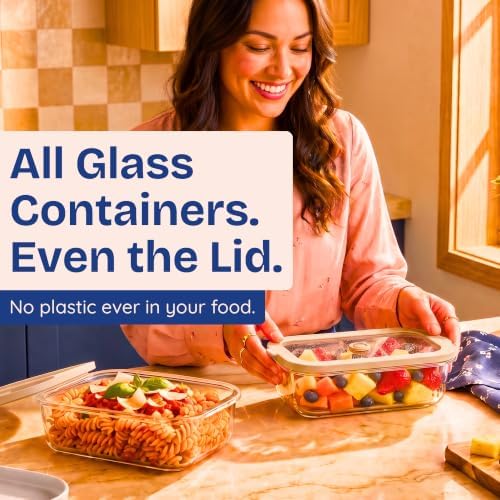 Non-Toxic Glass Food Containers with Lids, 4-Pack, 35 oz, Airtight, Beige