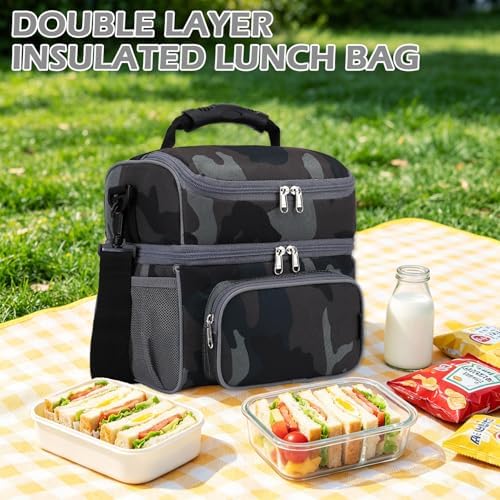 FlowFly Double Layer Cooler Insulated Lunch Bag Adult Lunch Box Large Tote Bag for Men, Women, With Adjustable Strap,Front Pocket and Dual Large Mesh Side Pockets