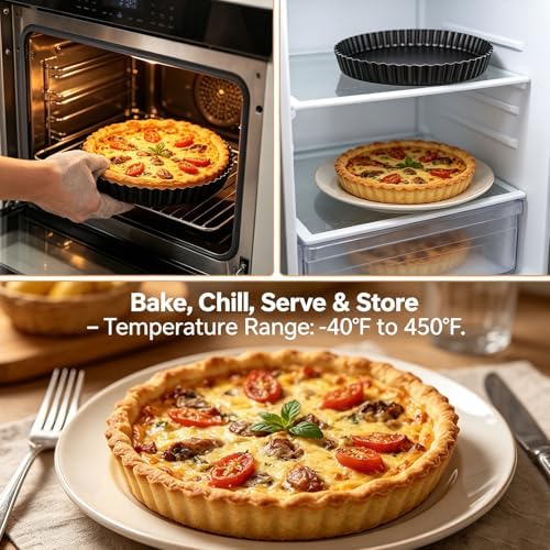 10 Inch Nonstick Tart Pan with Removable Bottom, Carbon Steel Quiche and Pie Pan- 1.1-Inch Depth, Fluted Edges for Baking Tarts, Quiches, Mousse Cakes, and Desserts
