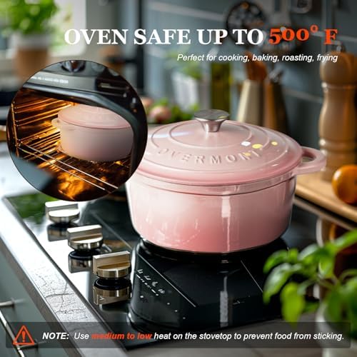 Overmont Enameled Cast Iron Dutch Oven - 4.5QT Pot with Lid Cookbook & Cotton Potholders - Heavy-Duty Cookware for Braising, Stews, Roasting, Sourdough Baking pink