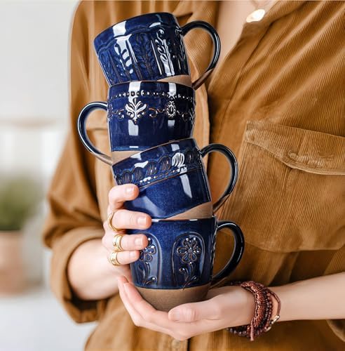 Artena Ceramic Coffee Mugs Set of 4, 16oz Embossed Large Latte Mugs Coffee Cups with Handle for Tea, Latte, Cappuccino & Cocoa, Milk Dishwasher & Microwave Safe, Blue (Multiple Patterns)