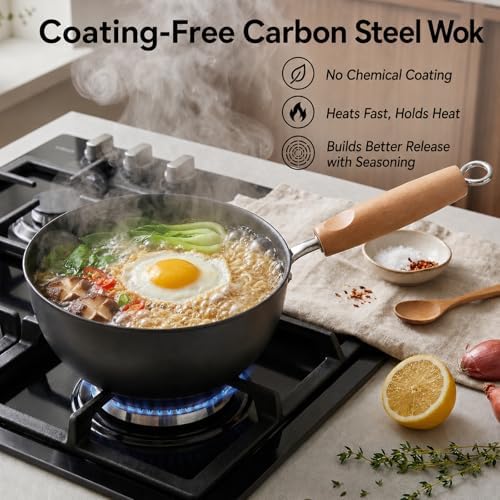 Small Carbon Steel Wok with Lid, 7-Inch 1.5QT Flat Bottom Pan