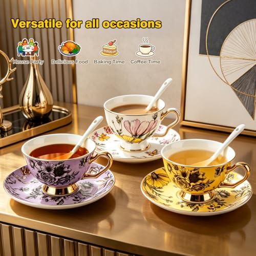 Butterfly Tea Cup and Saucer Set with Spoon, Gold Trim, 6.76 oz