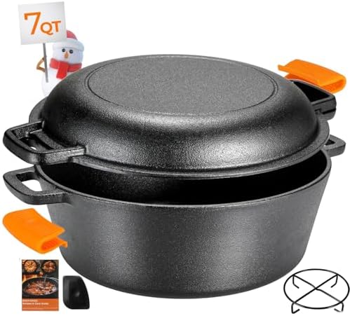 TLGREEN Cast Iron Dutch Oven 5.1QT Pot 1.9QT Skillet Lid Silicone Holders
