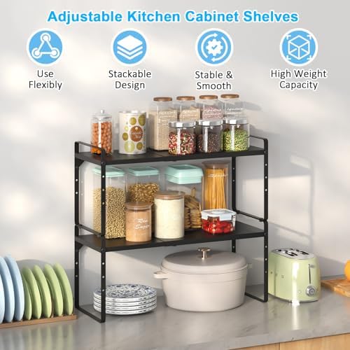 Set of 2 Expandable Cabinet Shelf Organizer, Stackable Kitchen Countertop Shelves Spice Racks, Small Metal Storage Shelf For Cupboard Counter Tabletop, 30 LBS Heavy Duty, Adjustable, 13.8" to 21.6"