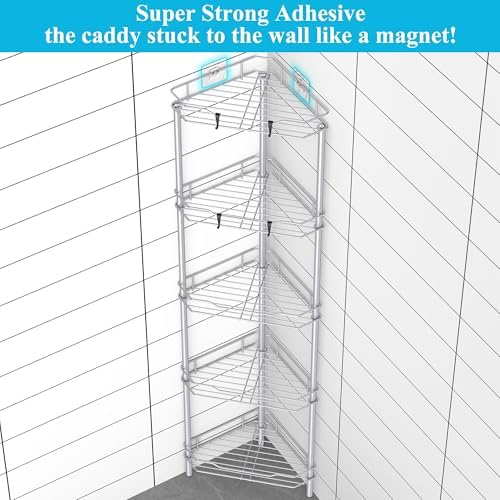 HuggieGems Metal Floor Standing Corner Shower Caddy, Silver, 5 Tier