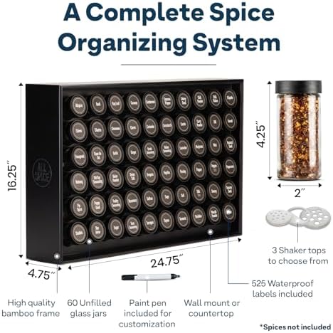 AllSpice Spice Rack Organizer, Wood, 525 Unique Labels, Countertop or Wall Mount, Includes 60 4oz Jars- Matte Black