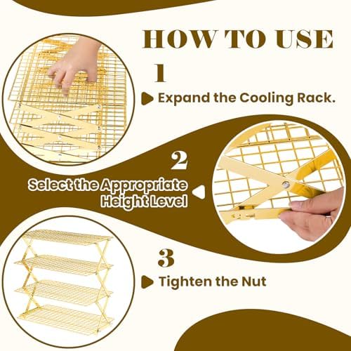 BEWOS 4 Tier Collapsible Cooling Rack - Adjustable Stainless Steel Baking Rack with Mesh Leak Proof，Foldable X-Shaped Structure Cooling Racks for Cooking and Baking, Dishwasher Safe（Gold）