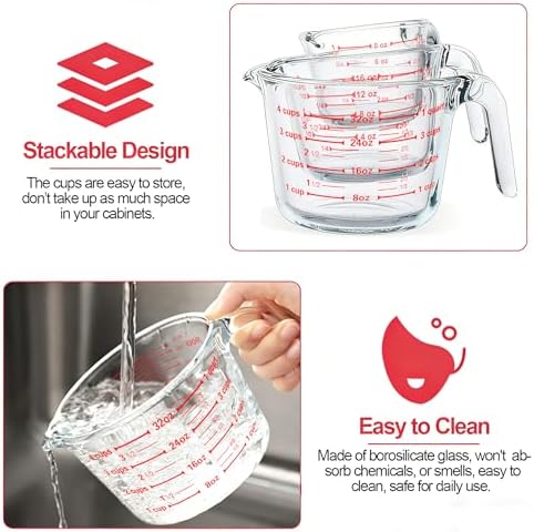 M MCIRCO 6 Pcs Glass Measuring Cups with Lids Set, 1-Cup, 2-Cup, 4-Cup Measuring Jugs with Handle, Nesting Liquid Measuring Cups for Kitchen (Pack of 2)
