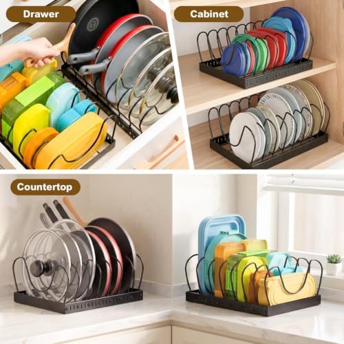 NomNest 2PACK Large Pot Lid Organizers Inside Cabinet, Pots and Pans Organizer Under Cabinet with 16 Adjustable Dividers for Kitchen, Countertop Pan Lid Holder, Rust-Resistant Lid Storage