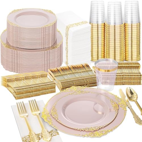 Nervure 350Pcs Pink Plastic Plates, Plastic Dinnerware Set for 50 Guests