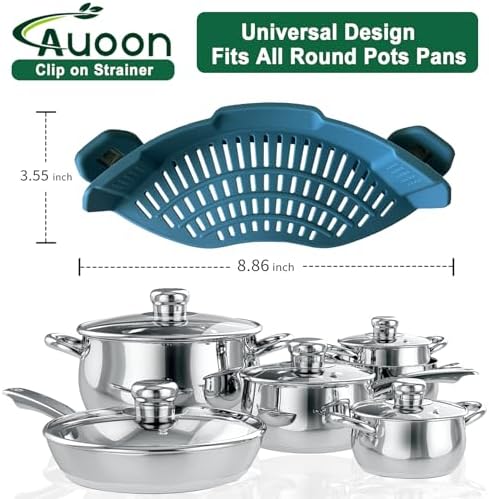 AUOON Pasta Strainer Clip on Silicone, Standard 8.86 x 3.55 in, Fog Blue