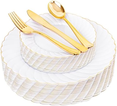 YOUBET 125PCS White and Gold Plastic Plates for Wedding Parties