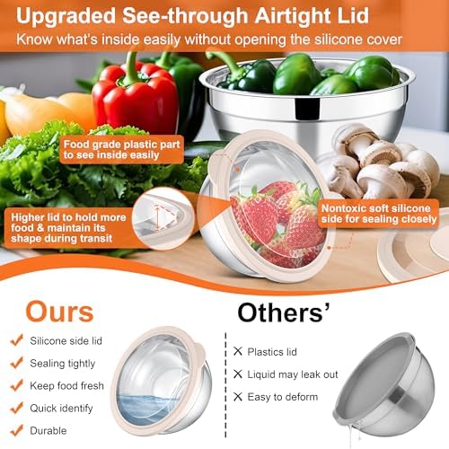 E-far Mixing Bowls Set of 5, Stainless Steel Salad Mixing Bowl with Transparent Lid, Metal Nesting Bowl Attach with 3 Graters for Kitchen Prepping/Serving/Baking/Storage, 4.6/2.6/1.5/1/0.7 QT - Khaki