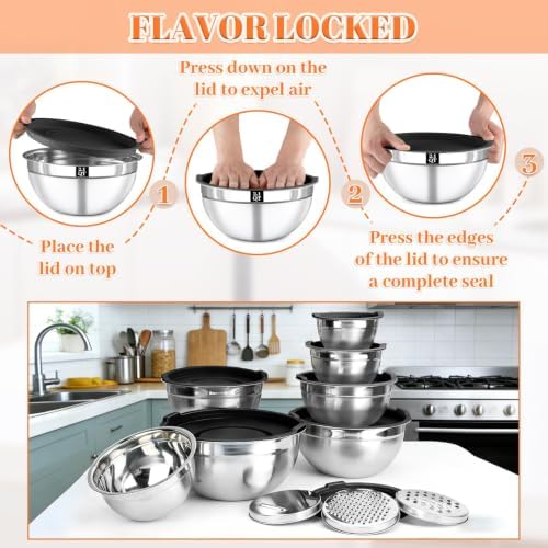 21PCS Mixing Bowls with Lids Set - 7 Nesting Mixing Bowls, 3 Graters, 11 Baking Tools, Lids, Stainless Steel Mixing Bowls for Mixing & Baking, Size 0.7/1.1/1.5/2.1/3.5/4/4.5 QT, Black