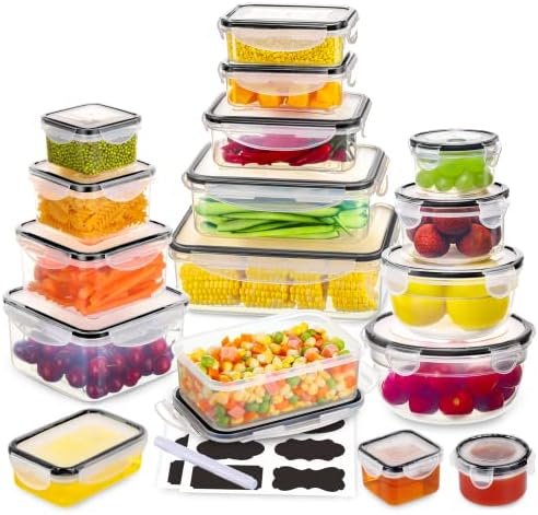 34 PCS Food Storage Containers Set with Airtight Lids (17 Lids &17 Containers) - BPA-Free Plastic Food Container for Kitchen Storage Organization, Fruit Meal-prep Containers with Labels & Marker