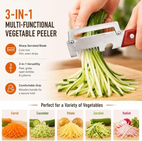 2026 Upgrade Vegetable Peeler With Wooden Handle, Stainless Steel Wide Blade Potato and Carrot Peeler, 3-in-1 Veggie Peeler With Scallion Shredder and Bottle Opener for Kitchen, Camping and Trave