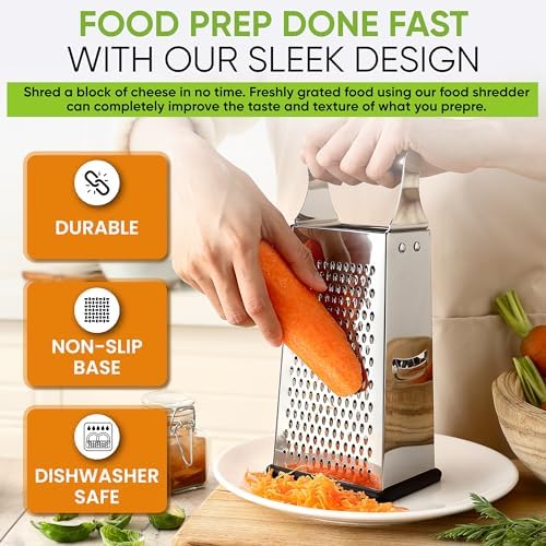 Spring Chef Stainless Steel Cheese Grater, Large Box Grater for Kitchen