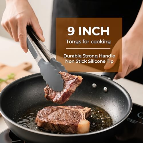 Stainless Steel&Silicone Food Tongs Set of 2 (9+12 Inch)-BPA-Free&Non-Toxic Heat Resistant Non-Scratch BBQ&Cooking Tools,Strong Grip Locking for Grilling,Air Fryer,Salad,Dishwasher Safe