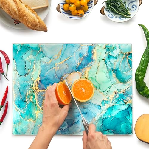 Kitchenville Glass Cutting Board 16"x12": Tempered Glass Kitchen Counter Protector - Durable- Scratch-Resistant, Heat-Proof - Design 9 - Teal Ocean