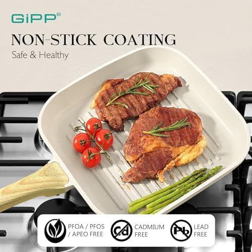 GiPP Nonstick Grill Pan for Stove Tops - 11 Inch Square Grilling Pan for Indoor Cooking & Outdoor Grilling, Non Stick Granite Grill Skillet Steak Pan, PFOA Free, White