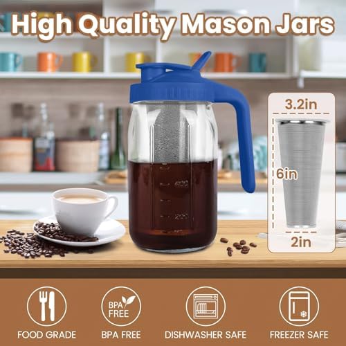 Cold Brew Coffee Maker, 32 oz Mason Jar Pitcher with Stainless Steel Filter, Pour Spout Handle Lid, Heavy Duty Glass Airtight & Leak-Proof for Iced Coffee,Tea & Lemonade