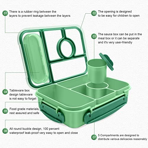 Amathley Bento Box Adult Lunch Box Kids,Lunch Containers for Adults/Kids/Toddler,5 Compartments Bento Lunch Box with Sauce Vontainers,Microwave & Dishwasher & Freezer Safe,BPA-Free (Green)