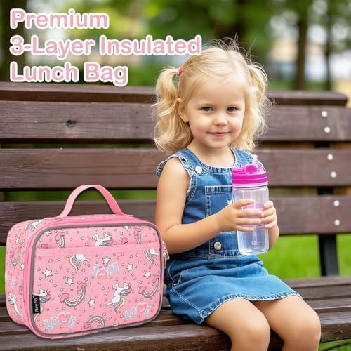 FlowFly Kids Lunch box Insulated Soft Bag Mini Cooler Back to School Thermal Meal Tote Kit for Girls, Boys, Unicorn