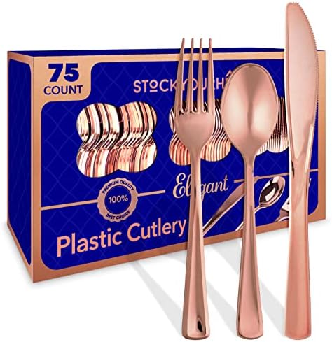 75-Pcs Heavy Duty (Rose Gold) Plastic Silverware Set, Disposable Cutlery Set, Great for Parties, Weddings, and Catering, Flatware Utensils Included: 25 Forks, 25 Spoons, 25 Knives, Stock Your Home