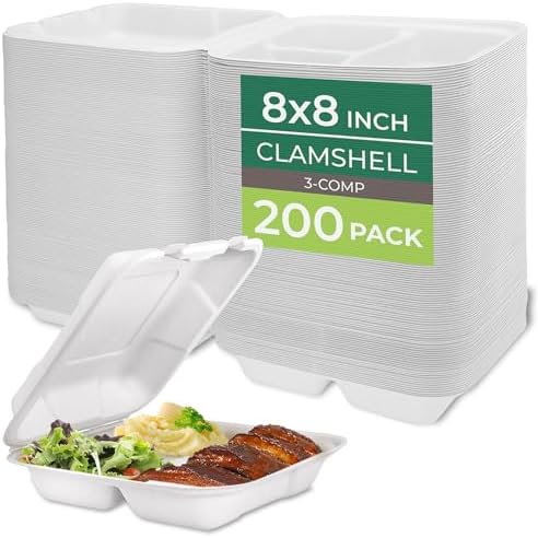 Freshware Clamshell Food Containers with Lids [8x8"] 3-Compartment 200-Pack, Disposable To Go Containers, Biodegradable Sugarcane To Go Boxes - Paper Containers - Microwave & Freezer Safe, Stackable