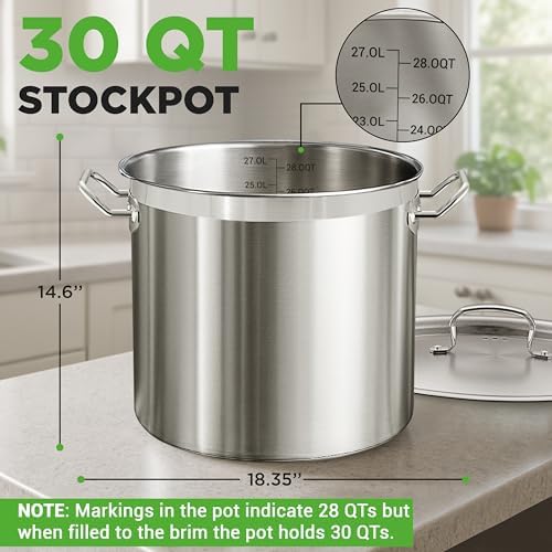 Stainless Steel Cookware Stockpot, 30 Quart Heavy Duty Induction Soup Pot With Stainless Steel Lid And Strong Riveted Handles, Even Heat Distribution, Compatible With Most Cooktops
