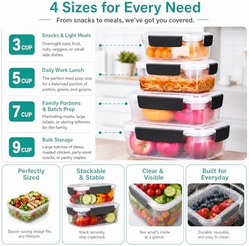 YORY 3cup Plastic Food Storage Containers With Lids For Portion Control,5pk