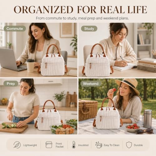 Bluboon Lunch Box for Women Cute Lunch Bag Reusable Insulated Lunch Bags Large Capacity Lunchbox Cooler for Work Picnic or Travel Gifts (Light Khaki White Stripes-13L, 10 x 7.5 x 8 inches)