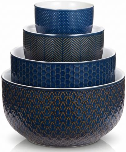KooK Ceramic Nesting Bowls, Embossed, Oven Safe, Set of 4, Midnight Blue