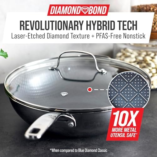 Blue Diamond Hybrid Nonstick Stainless Steel 12” Wok with Lid, PFAS-Free Ceramic Diamond Bond Stir-Fry Pan, Induction Ready, Dishwasher & Oven Safe, Metal Utensil Safe, Stay-Cool Handle, Silver