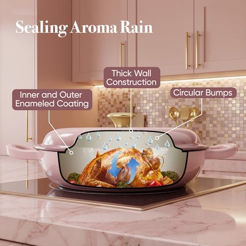 3 Quart Enameled Cast Iron Braiser, Non Stick Enameled Cast Iron Skillet with Lid, Dutch Oven Skillet with lid up to 500°F for Oven, Stove, Grill, Shallow Dutch Oven for Cook, Bake (Pink)