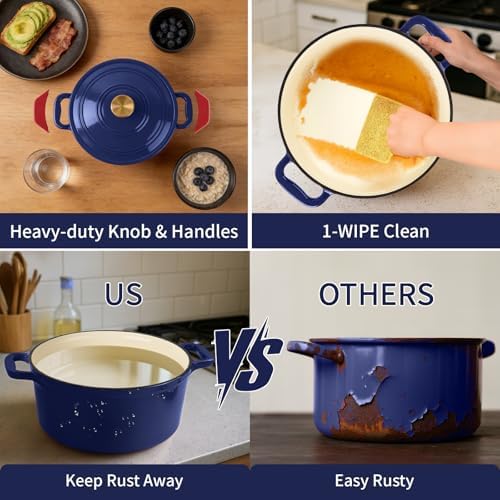 Enameled Cast Iron Dutch Oven with Lid&Silicone Grip, Round Casserole Pot for Bread Baking, Braising, Roasting,Stews,Heavy-Duty Baking Pan,Oven Safe, Induction Compatible (4.7QT,Indigo)