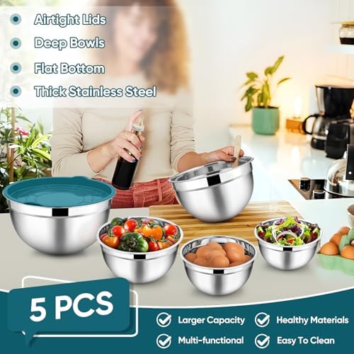 TeamFar Mixing Bowls Set of 5, Stainless Steel Metal Salad Bowls with Lids