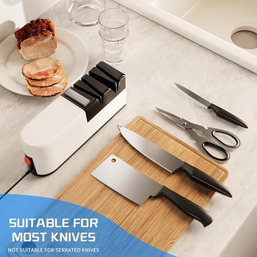 Electric knife sharpener, 5 in 1 knife sharpening system with straight blade, professional diamond knife sharpener FOR rough sharpening, repair and sharpening of knives (Light White)